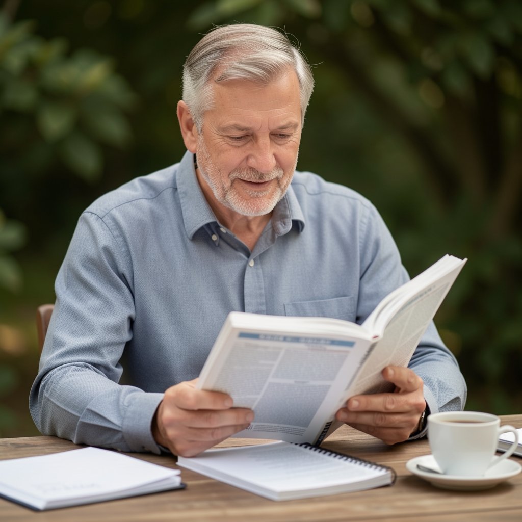 Man in his fifties reading a research journal at a wooden desk with notes and a cup of coffee