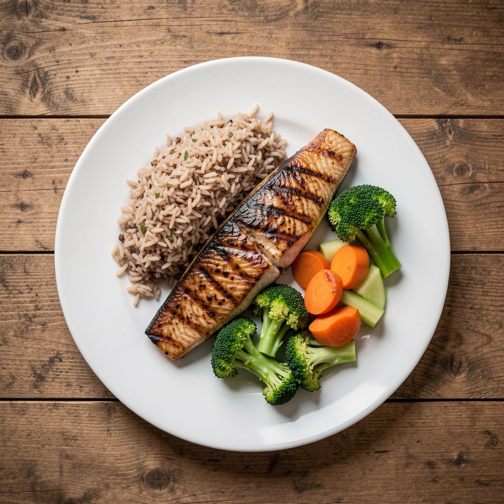 Overhead view of a balanced plate with grilled fish, brown rice, and steamed vegetables on a wooden table