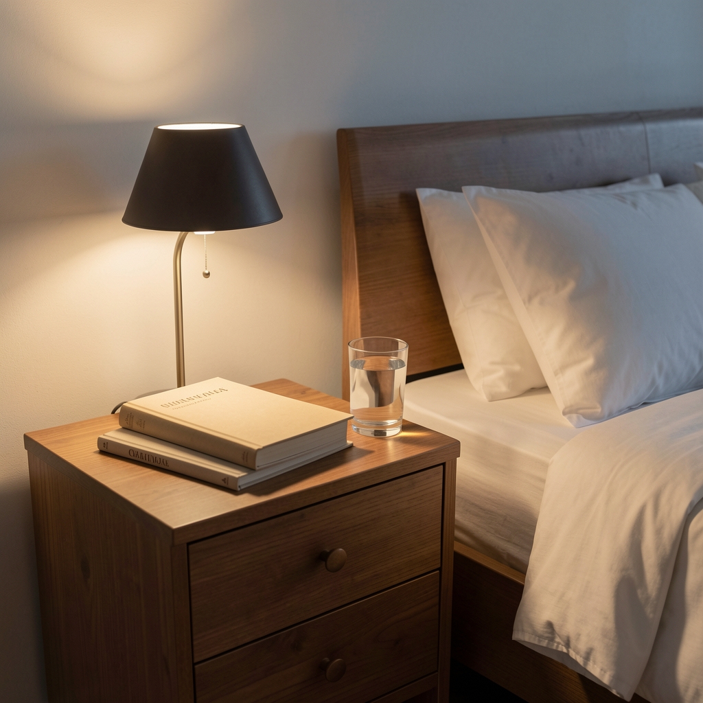 Nightstand with a dimmed reading lamp, a closed book, and a glass of water beside a bed, suggesting a calm wind-down routine