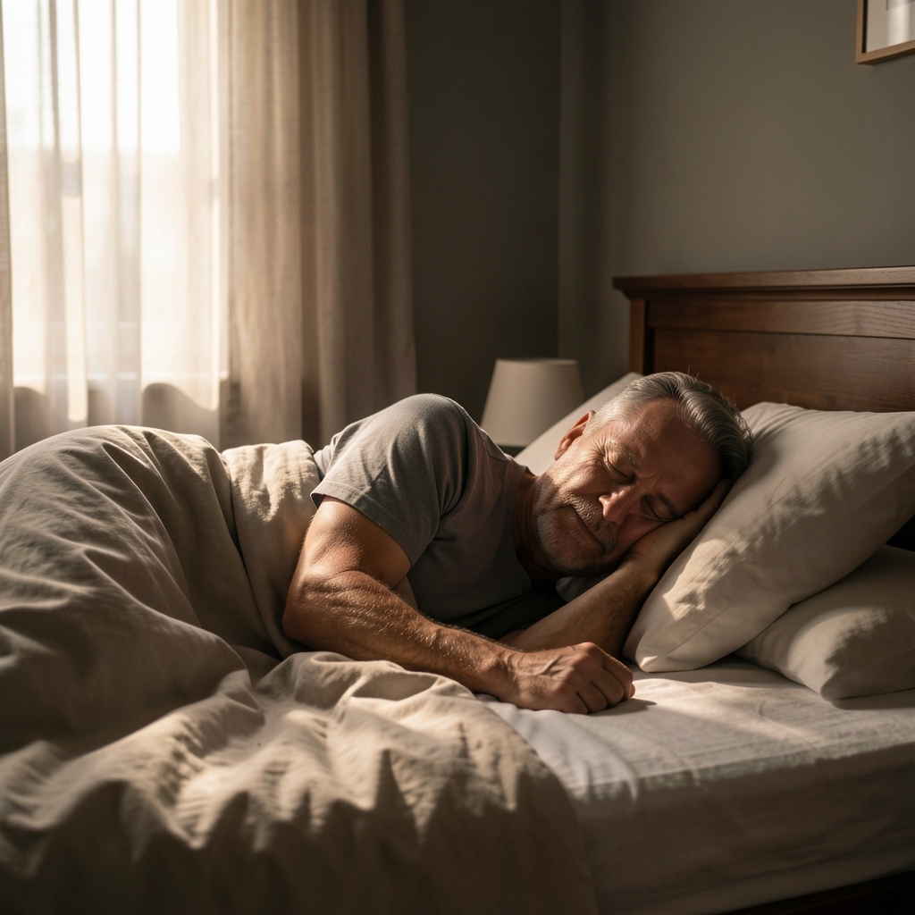 Middle-aged man sleeping peacefully in a dim bedroom with soft morning light through curtains