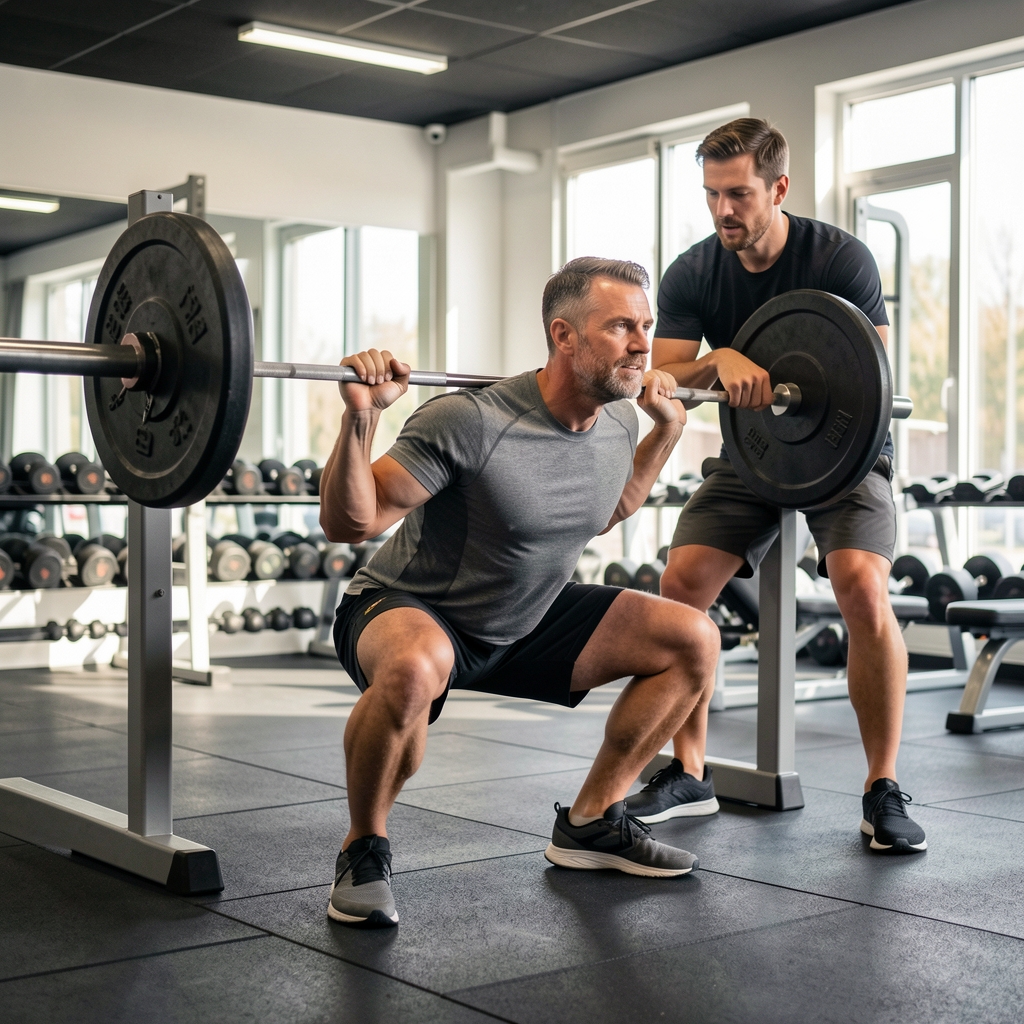 Man in his forties performing a barbell squat under supervision in a well-lit gym