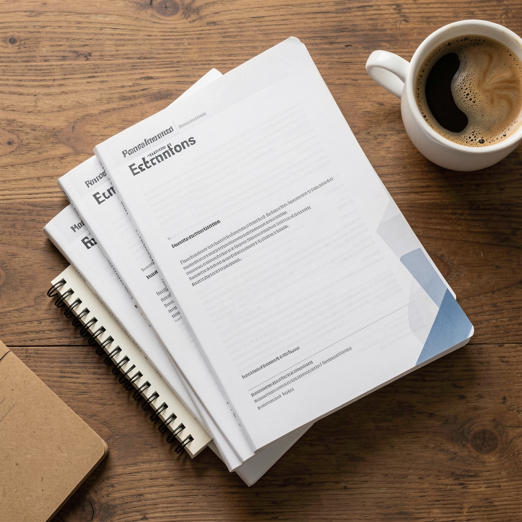 Stack of printed research journals and a notebook on a wooden desk with a cup of coffee, overhead view