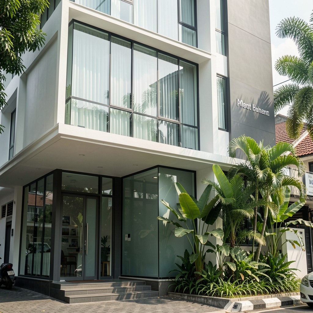 Modest modern office building facade in Menteng, Central Jakarta, with tropical plants near the entrance and a signboard