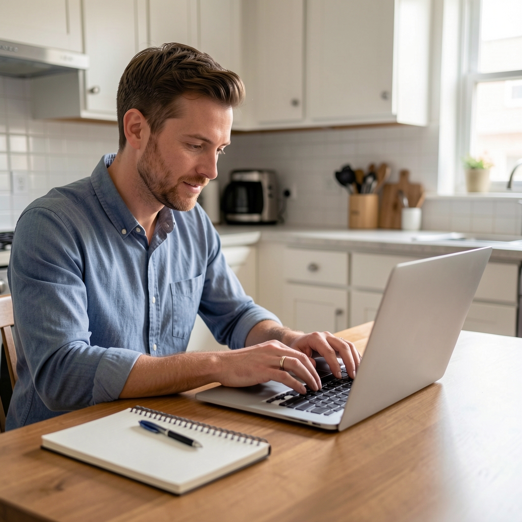 Man reading health articles on a laptop at a kitchen table with a notebook and pen beside him
