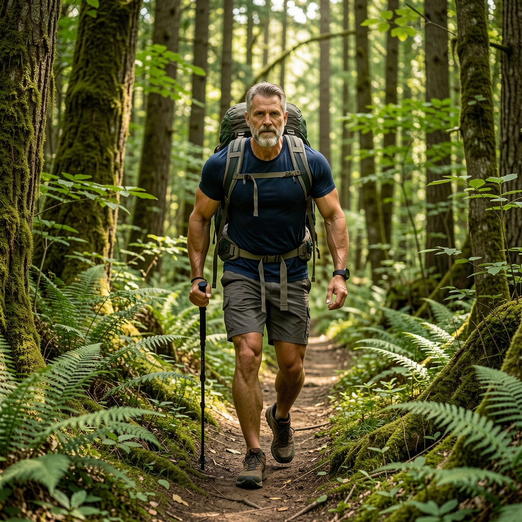 A fit mature man hiking through a vibrant green forest trail, symbolizing natural strength and sustained vitality