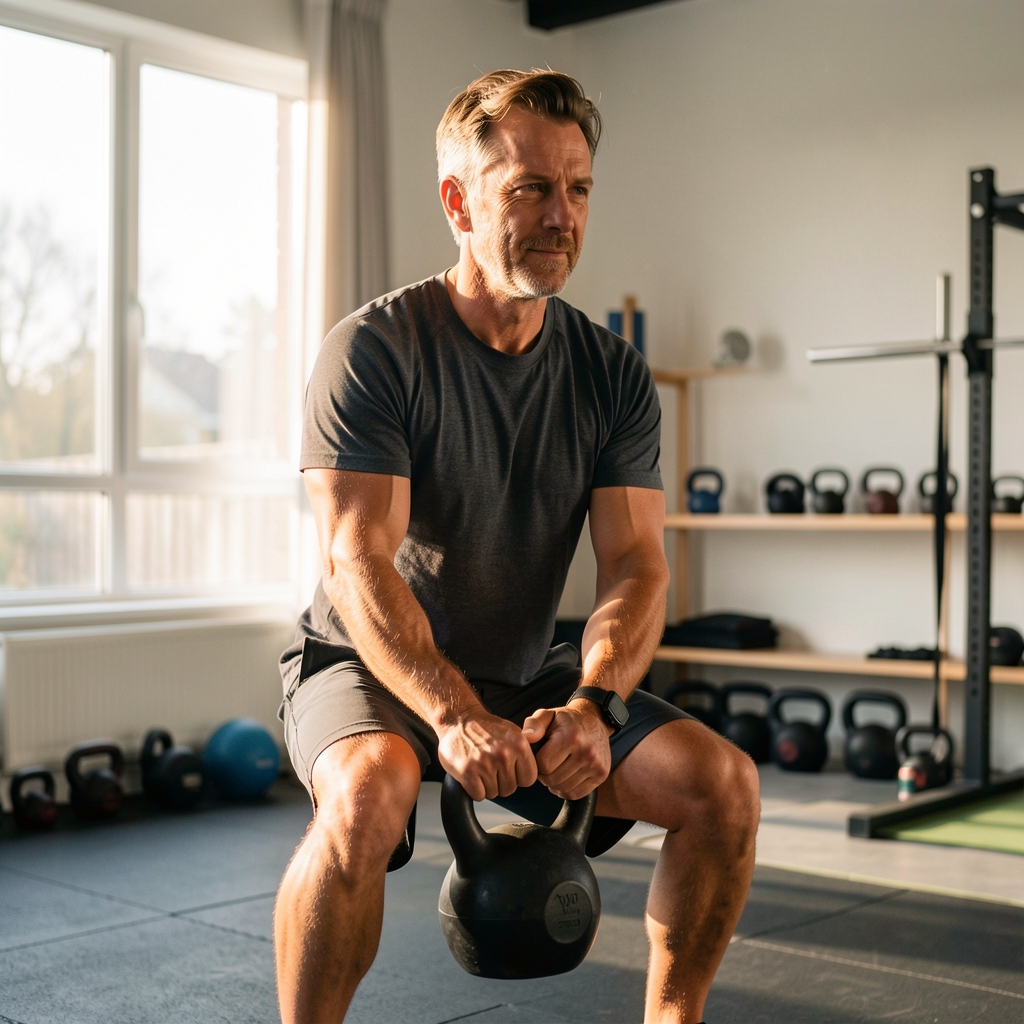 Man in his late forties doing a controlled kettlebell exercise in a home gym with morning light through the window