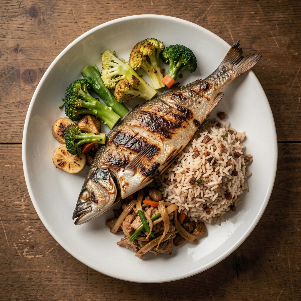 Overhead view of a home-cooked Indonesian meal with grilled fish, steamed vegetables, and brown rice on a woven placemat