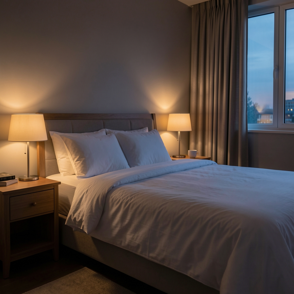 Dim bedroom at dusk with a made bed and soft lamp light, suggesting a calm wind-down routine