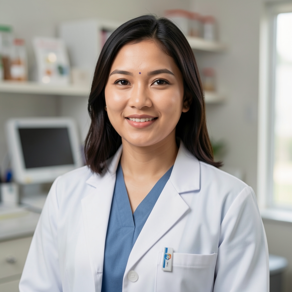 Portrait of female Indonesian registered dietitian in her thirties wearing a white coat in a clinic setting