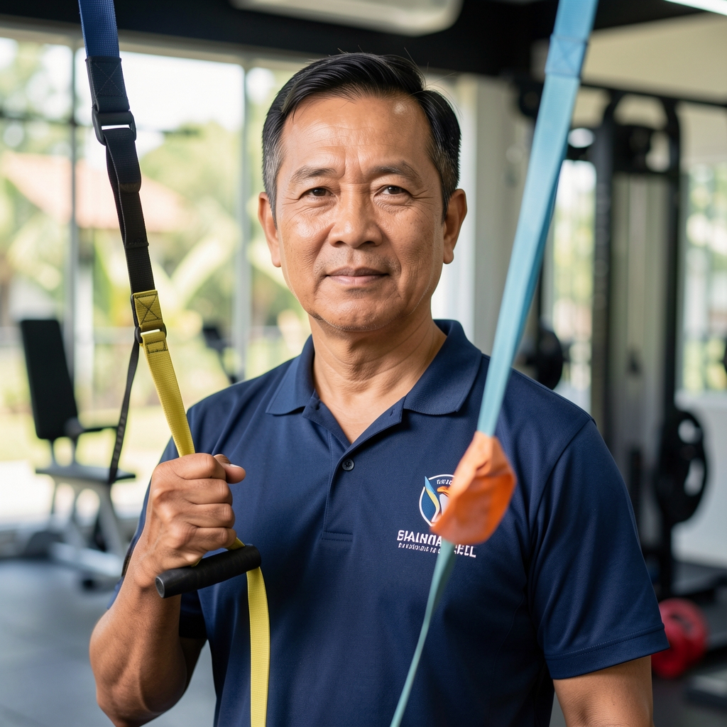 Portrait of Indonesian sports physiotherapist in his fifties standing in a rehabilitation gym with resistance bands